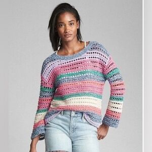 GAP open weave crocheted sweater, size M, bell sleeves, muted colors, loose fit